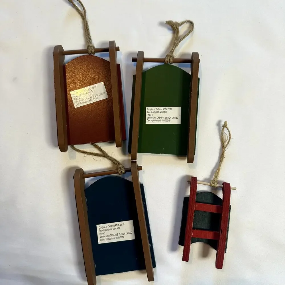 Primitive Farmhouse Christmas Bundle Of 4 Wooden Sled Tree Ornaments
